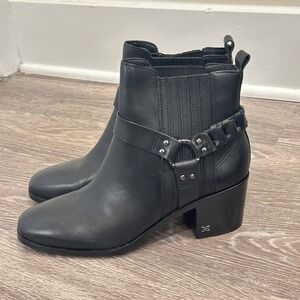 Sam Edelman Dalma Black Leather Studded Harness Moto Ankle Boots Stacked Heel 9